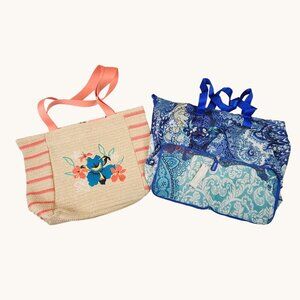 Vera Bradley & Chicos Tote Bag Lot of 2 Beach Summer Straw Orange Paisley Blue